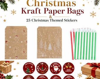 Christmas Treat Bags with Stickers | Kraft Paper Party Favors (Set of 25)
