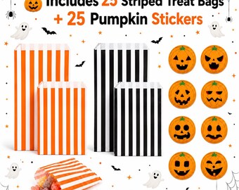 Halloween Striped Treat Bags & Pumpkin Stickers Party Favors (25 Count)