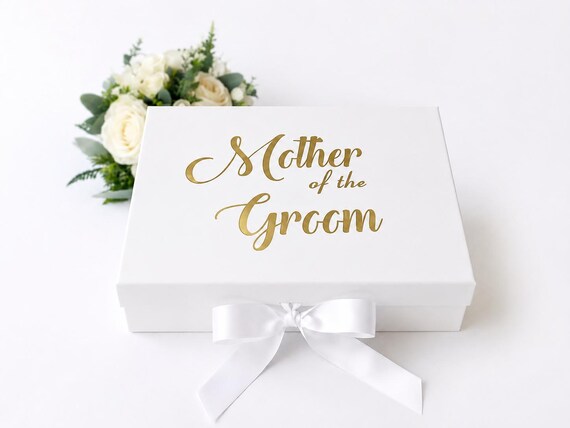 Mother of The Groom Gift Box: White Keepsake, Silver/Gold Lettering