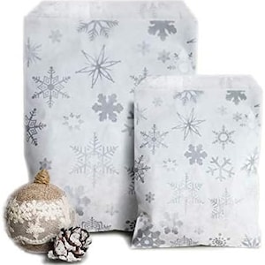 Sacchetti di carta con motivo a fiocchi di neve, 2 misure, Sacchetti di carta con fiocchi di neve, Varie quantità, Regali di Natale, Sacchetti di carta ecologica per feste