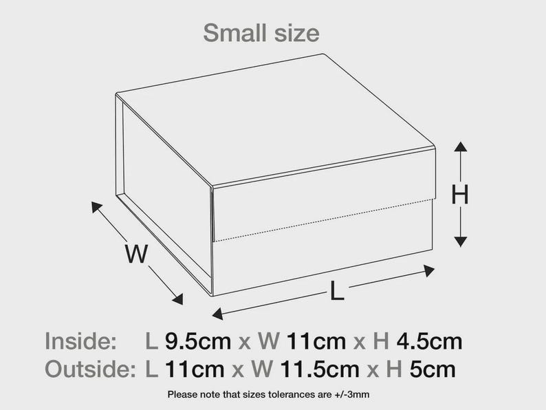 May include: A line drawing of a small rectangular box with labels for length, width, and height. Text indicates inside dimensions of 9.5cm x 11cm x 4.5cm and outside dimensions of 11cm x 11.5cm x 5cm, with a size tolerance note of +/-3mm.