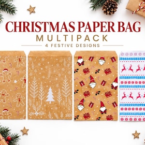 Op de afbeelding: Een multipack van vier rechthoekige kerstpapieren zakken met feestelijke patronen. De ontwerpen bevatten peperkoekmannetjes, witte dennenbomen en sneeuwvlokken, kabouters met cadeautjes en een blauw-wit Scandinavisch patroon met rode rendieren.