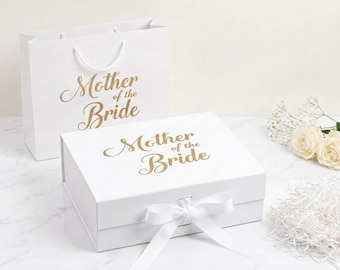 Mother of the Bride Keepsake Gift Box | White Magnetic Closure, Silver/Gold Lettering