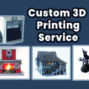 Könnte beinhalten: Ein individueller 3D-Druckservice mit einem 3D-Drucker, einem roten Kaminmodell mit Strümpfen und einem Kranz, einem detaillierten grauen Steingebäude mit Innenbeleuchtung und einer schwarzen Drachenfigur neben einer kleinen Münze.
