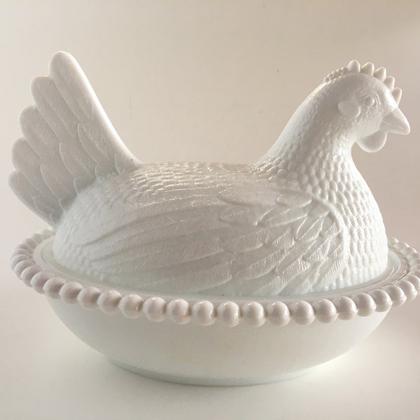 Vintage Indiana Glass Milk Glass Hen on Nest Stippled Nest Beaded Rim Lidded Chicken Dish Trinket Candy