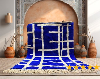 Tapis marocain bleu foncé en laine fait main, authentique tapis marocain beni ourain, tapis marocain abstrait