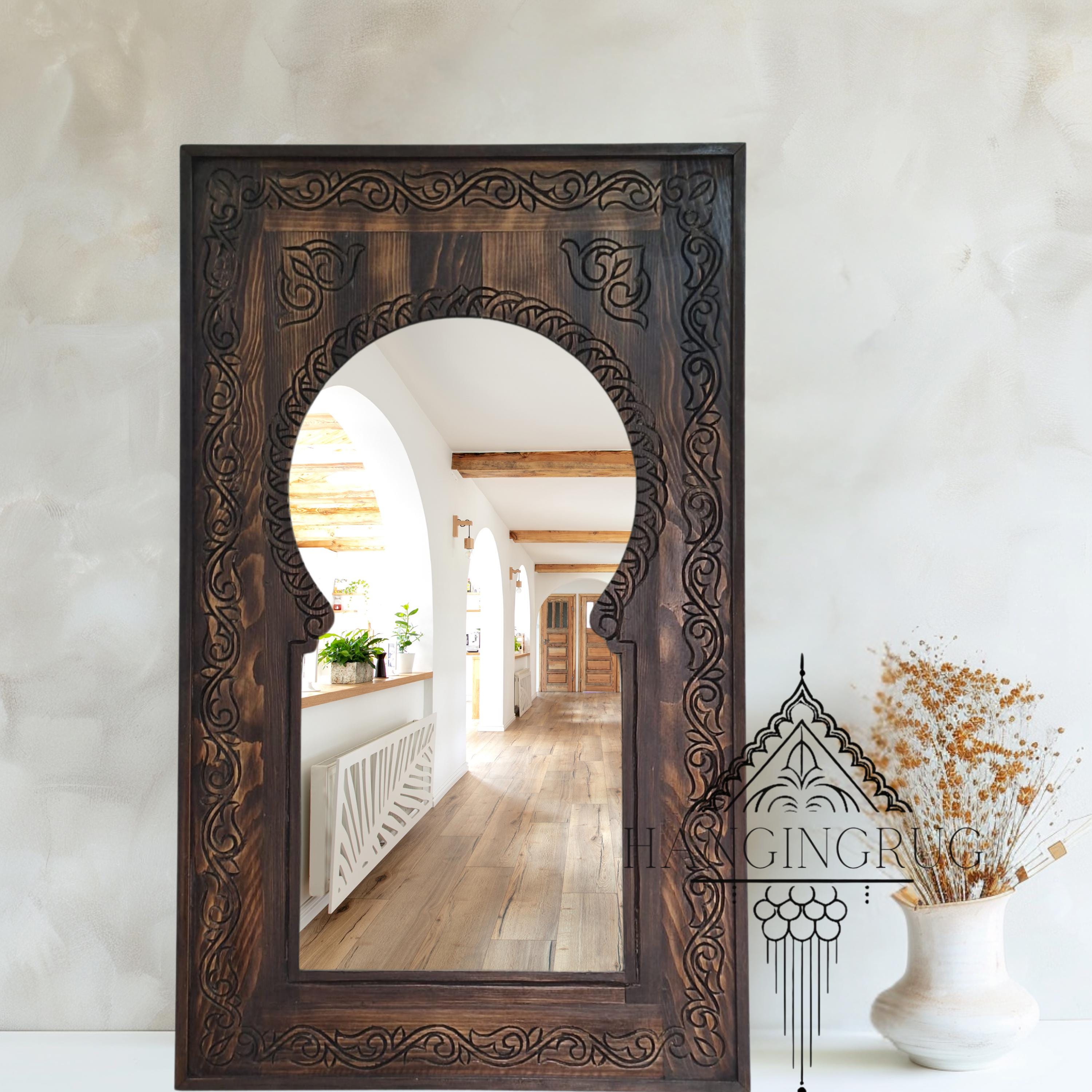 nature brown Handcrafted Wooden mirror Moroccan Carved mirror , Moroccan hanging art Designs wooden decor pieces , Moroccan wooden mirror