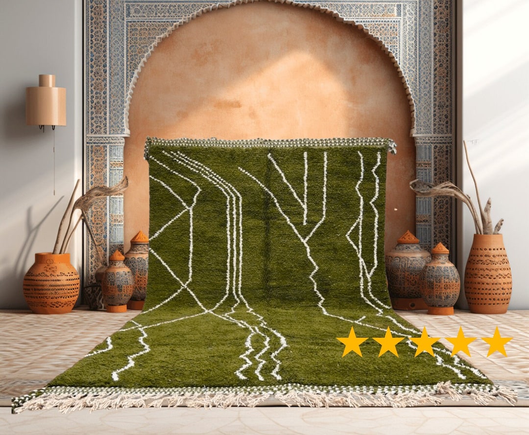 Olive GREEN MOROCCAN RUG Handmade Wool Rug Authentic Moroccan Beni