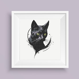 黒猫のクロスステッチ パターン PDF、リアルなクロスステッチ チャート、動物のパターン、額入りの室内装飾、クロスステッチのカウント