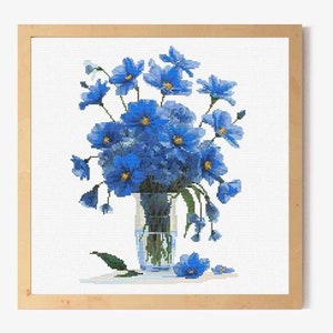 Gráfico de ponto cruz de flores azuis em PDF, padrão de ponto cruz digital, decoração para casa emoldurada, ponto cruz contado