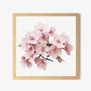 桜の花のクロスステッチパターン PDF、エレガントなクロスステッチチャート、額入りホームデコレーション、クロスステッチを数える