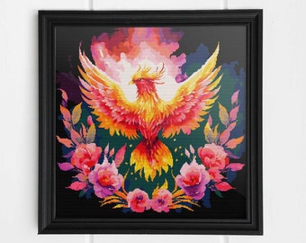 Phoenix cross stitch pattern PDF, Colorful cross stitch chart, Framed home decor, Counted Cross Stitch