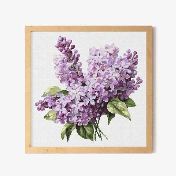 Purple Lilacs Flower cross stitch pattern PDF, elegant Cross Stitch Chart, Framed home decor, Counted Cross Stitch