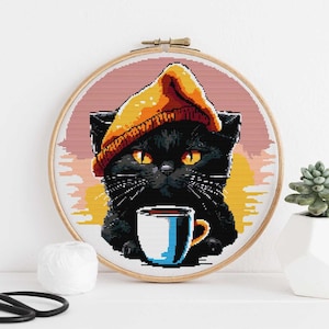 Black Cat with a Cup cross stitch pattern PDF, Cross Stitch Chart, Animal patterns, Framed home decor, Counted Cross Stitch