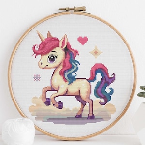 Buntes Einhorn Kreuzstichmuster PDF, Kreuzstichmuster mit Rahmen, Kreuzstichvorlage, Tiermuster, Kreuzstichmuster mit Rahmen