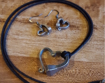 Hand-forged Horseshoe Nail Heart Earrings and Heart Pendant Necklace set