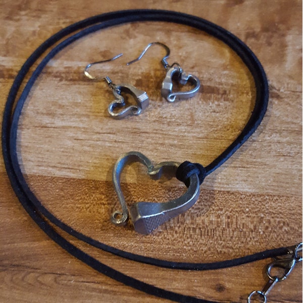 Hand-forged Horseshoe Nail Heart Earrings and Heart Pendant Necklace set