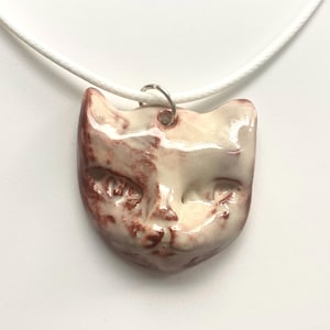 Ceramic Kitty Cat Pendant: Beige Brown Pottery Charm Necklace