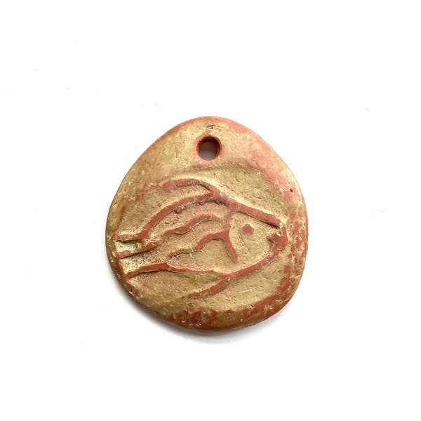 Fish pottery pendant, brown and green, eco style, aged bead, ceramic component for jewelry making, art beads, boho charm