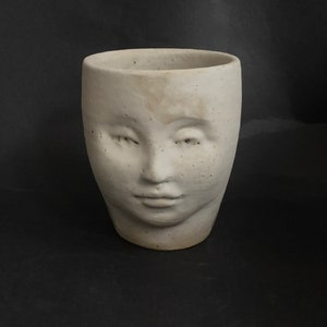 Puede incluir: Un macetero de cerámica blanca con forma de cara y una expresión neutra. El macetero tiene una superficie lisa y ligeramente texturizada.