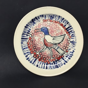 Large pottery plate with a bird, hand painted,  blue red ceramic plate, garden party plate, country rustic,  nature lovers