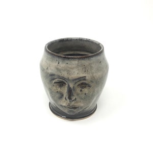 Small  head vase, beige black green nuances, ceramic vase with expressive sculpted face, ceramic head pot, birthday gift