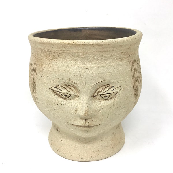 Ceramic head vase, head sculpture, beige bronze pottery face, unusual pottery, art lover gift