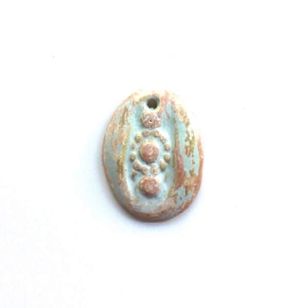 Aged terracotta pendant bead, ethnic design, oval ceramic necklace diffuser, essential oils, aged beads, clay charm, brown and mint green