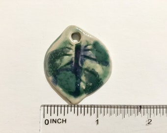 Ceramic leaf charm, green pottery pendant, botanical ornament, tiny ceramic component for jewelry making, art beads, clay charm, necklace
