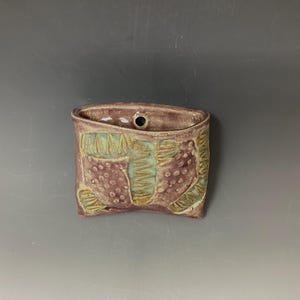 Green and purple wall pocket, rich texture, organic shape, pottery wall vase,  wall sconce, wall décor