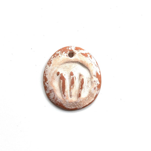 Aged terracotta pendant bead, brown and white, floral design, essential oils diffuser, jewelry making, primitive art beads, clay charm