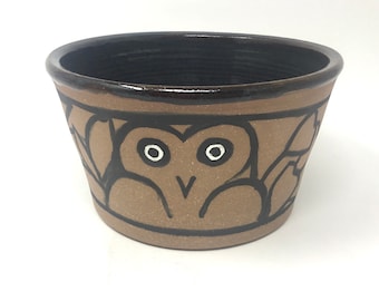 Hand Painted Pottery Bowl: Owl & Bird Design, 7-inch Salad Bowl