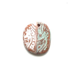 Terracotta pendant bead, oil diffuser: brown, white, green, jewelry making, primitive art, clay charm