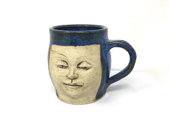 Lovely face mug, comfy mug, ceramic head mug, blue brown, woman's face, friendly mug, whispering pots, "Talk to me" mug
