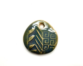 Beautiful glossy green pottery pendant bead,  round shape, Greek ornament, textured ceramic component jewelry making, art beads