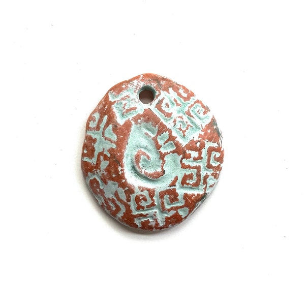 Aged terracotta pendant bead, brown and mint green, Greek motif, ceramic necklace diffuser, art beads, clay charm,  aromatherapy
