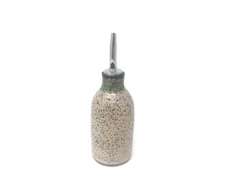 Mini pottery bottle with spout or cork stopper, speckled beige, oil dispenser, 5 ounces, wheel thrown lotion bottle, pottery container