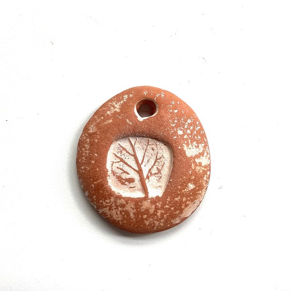 Terracotta leaf charm, brown and white, pottery pendant bead, necklace diffuser, essential oils, aged ceramic beads, aromatherapy