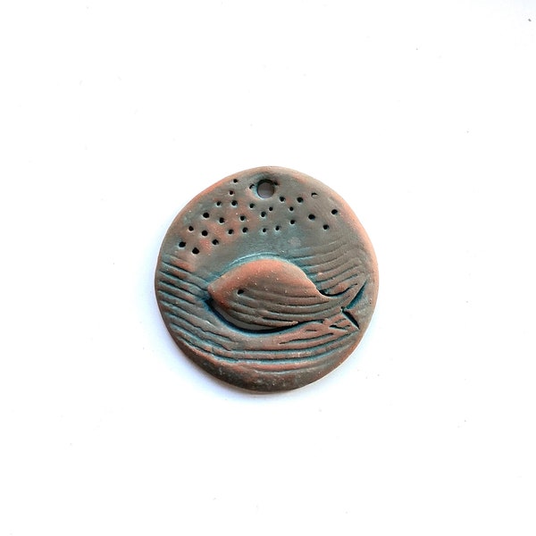 Large fish pottery pendant, eco style, ceramic component for jewelry making, ceramic art beads, boho style, essential oil diffuser