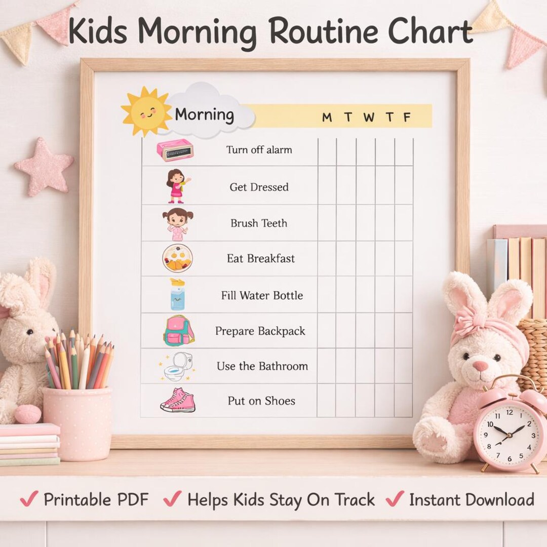 Pink Morning Routine Chart for Kids, School Week Checklist Digital ...