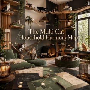 May include: A room featuring a wall-mounted cat climbing system with wooden shelves and bridges, multiple cats, and a table with printed floor plans titled The Multi Cat Household Harmony Map. The space includes green furniture and warm lighting.