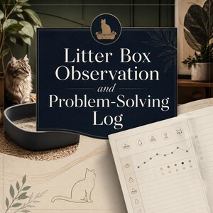 May include: A Litter Box Observation and Problem-Solving Log book featuring a cream-colored page with printed icons for tracking cat health, including a line graph, rows for daily entries, and a dark blue cover with white text and a cat silhouette.