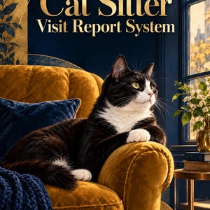 May include: A black and white cat resting on a mustard yellow velvet armchair. The text Cat Sitter Visit Report System is displayed in gold lettering at the top. A blue knitted blanket and a blue pillow are on the chair, with a small table nearby.