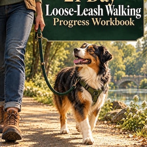 Può includere: Un quaderno di esercizi intitolato 21-Day Loose-Leash Walking Progress Workbook con copertina verde scuro e testo dorato. L'immagine mostra un pastore australiano tricolore con pettorina verde, al guinzaglio tenuto da una persona in jeans.