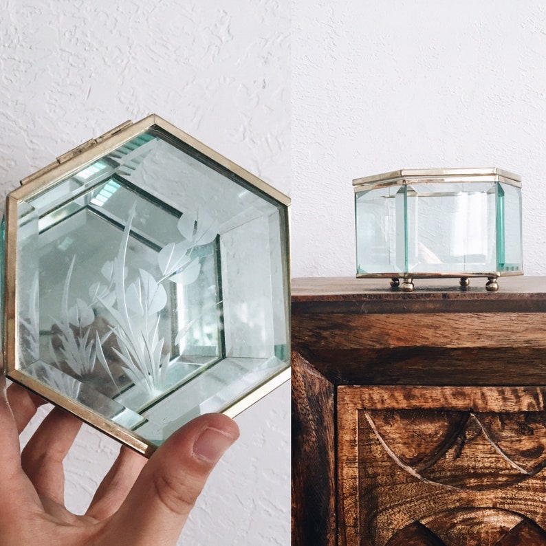 Beveled Etched Mirror Glass Jewelry Box With Brass Trim Fl