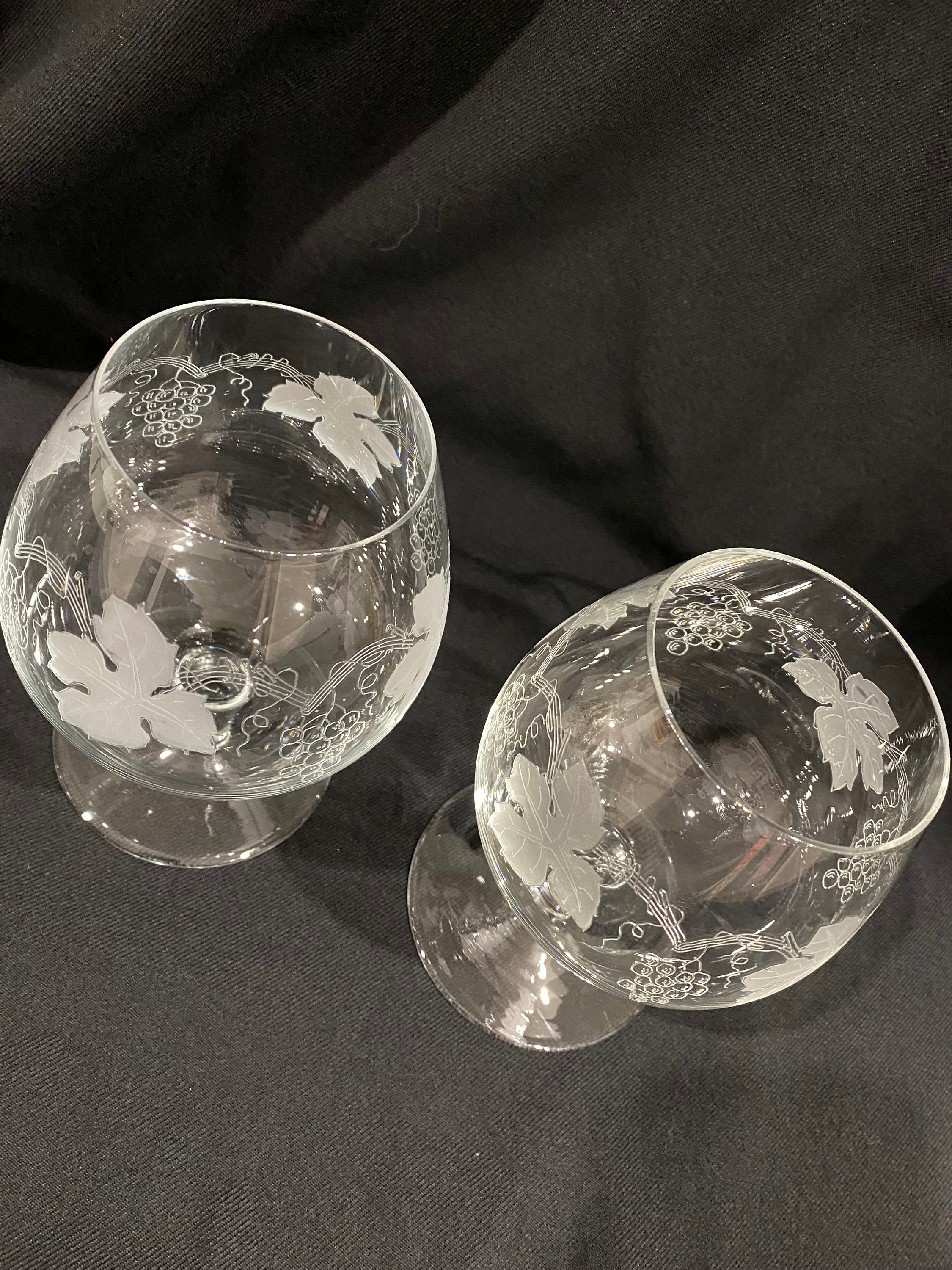 Bohemia Crystal Brandy Snifters, Etched Grapevine Pattern, Set of 2