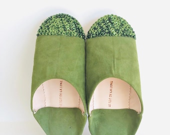 Women's round suede slippers for indoor use, house slippers, handmade leather slippers