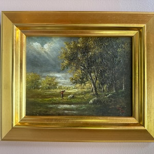 British School 19th Century Oil on Mahogany Panel Painting of Figure in Meadow Signed J. Hill