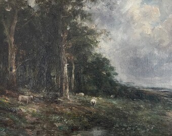 Paul Désiré Trouillebert, Landscape with Sheep, Paysage avec des moutons, 1840s Original Painting on Board Barbizon Impressionist