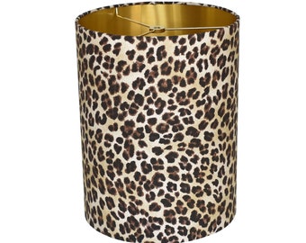 Leopard Print Drum Lampshade: Tan Brown, Brushed Gold Lining